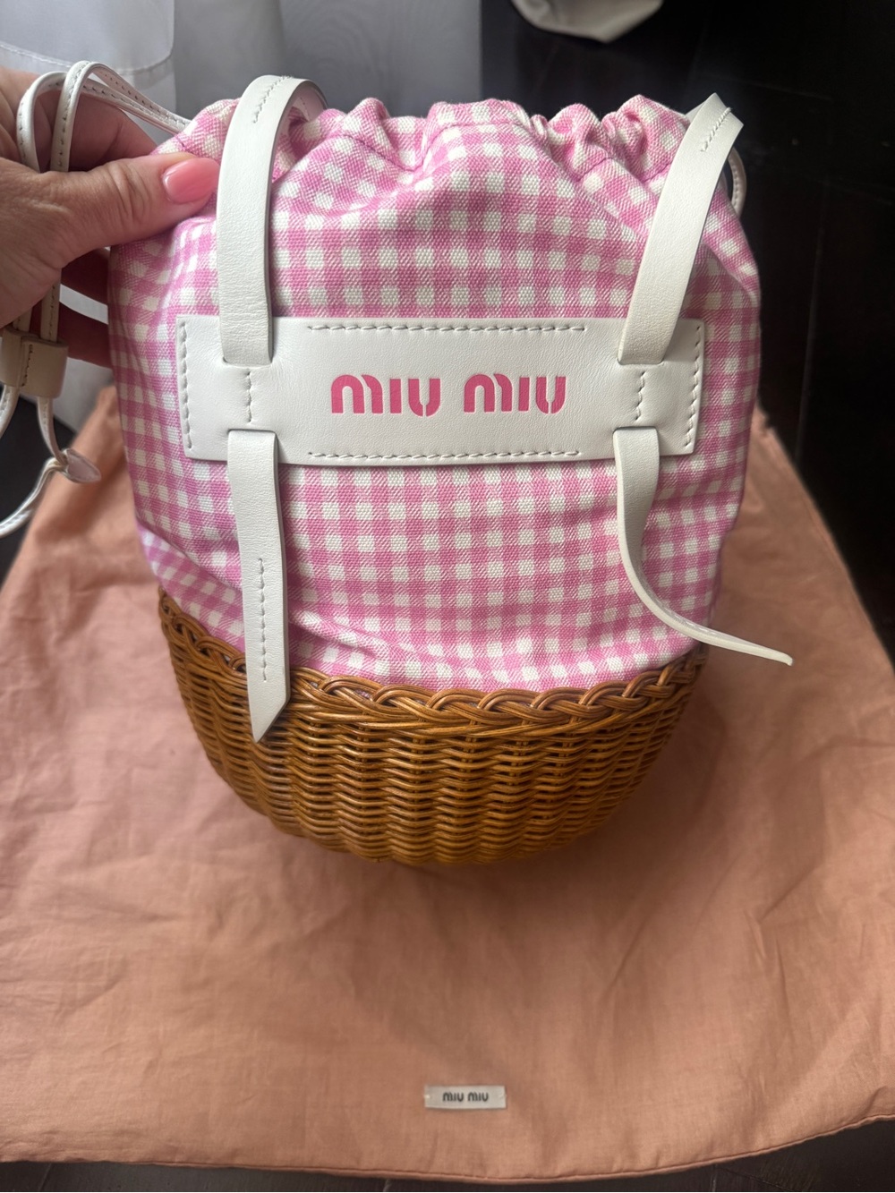 Miu Miu Pink Gingham Wicker Basket Bag